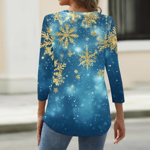 Image of Women Christmas Shirt 3 /4 Length Sleeve Henley Tops Xmas Outfits