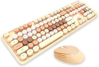 Colorful Keyboard and Mouse Combo, Polychrome 104 Keys Round Keycaps Retro PC Keyboards, 2.4G USB Ergonomic Mute Keyboard and Mouse, Long Battery Life for PC/Laptop(Sweet Milk Tea Color)