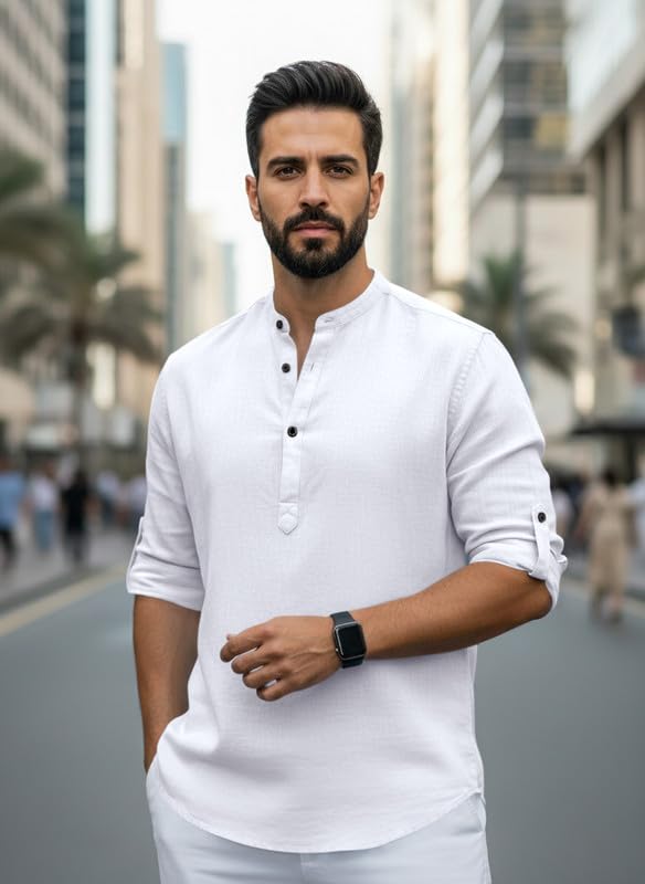 Image of Men Cotton Blend Mandarin Collar Casual Kurta Shirt | Roll-Up Sleeves | Regular Fit Ethnic Short Kurta for Daily
