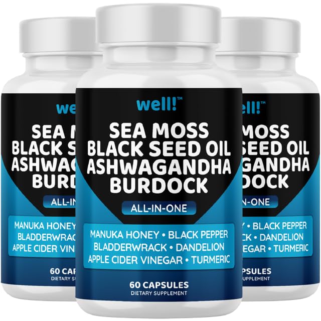 Sea Moss 3000, Black Seed Oil 2000, Ashwagandha 1000, Bladderwrack, Maca Turmeric - Manuka Honey, Dandelion & Black Pepper, Super Antioxidants Supplement,180