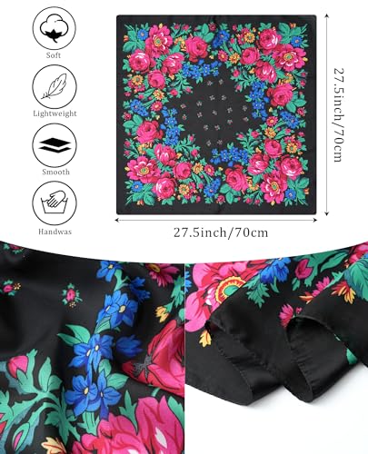 AWAYTR 27.5” Silk Satin Square Head Scarf - 4PCS Satin Head Scarves for Women Hair Kerchief Bandanas Sleeping Head Wraps (Flower(White/Gold/Brick red/Black))2