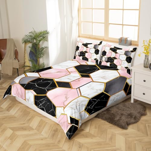 Housse de couette marbre noir blanc rose et 2 taies d'oreiller géométriques