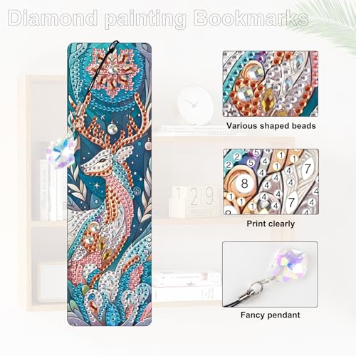 Image of 4 Pack DIY Diamond Painting Bookmarks, Special Shaped Deer Design Handmade Crystal Rhinestone Bookmark Kits with Tassel, Sparkling Art Bookmark for Reading Enthusiasts