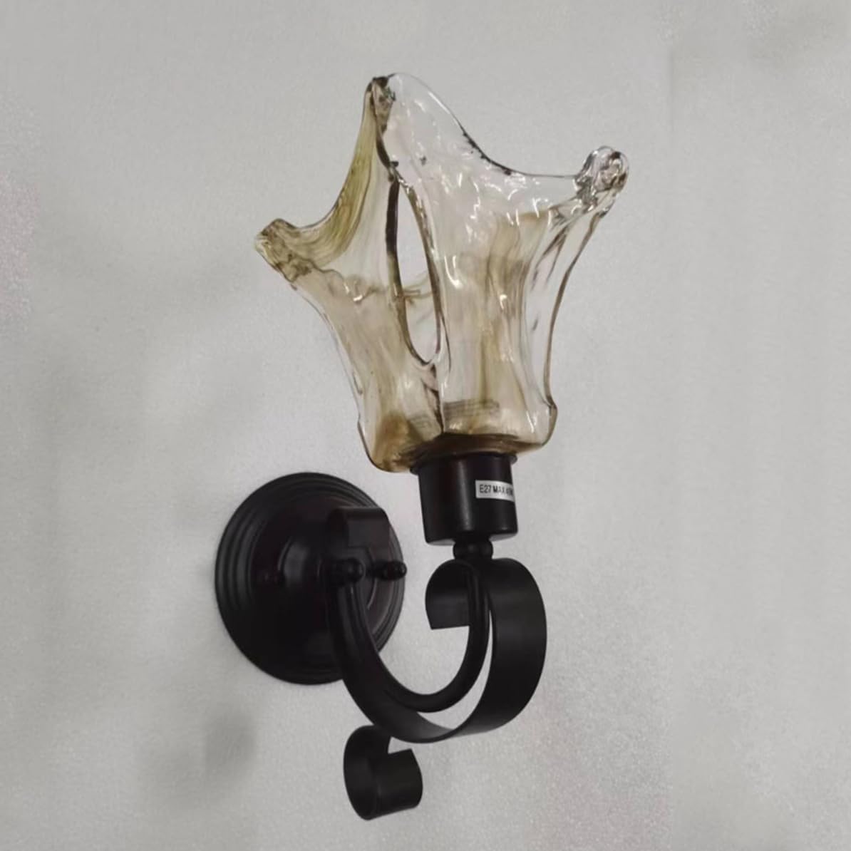Black Rustic Farmhouse Wall Sconce Amber Glass Wall Lamp Retro Wall Mount Light Antique Wall Light Fixtures with Iron Scroll Arms for Bathroom Bedroom Living Room