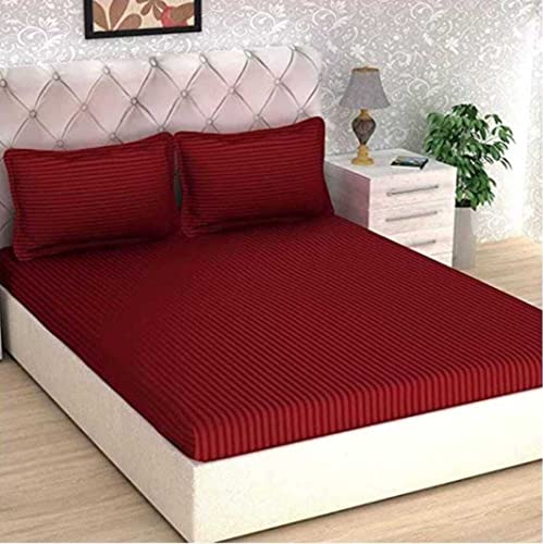 Image of DECOR2ADMIRE 300 TC Premium Glace Cotton All Round Elastic Fitted Plain Stripe Pastel Shades Queen Size Bedsheet with 2 Pillow Covers (Red, Super King 108 inch x 108 inch)