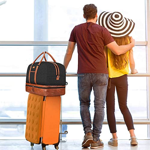 Image of Weekender Bag for Women, Large Overnight Bag Canvas Travel Duffel Bag Carry On Tote with Shoe Compartment 21 inch 3Pcs Set, A12-brown+black, Large, Practical