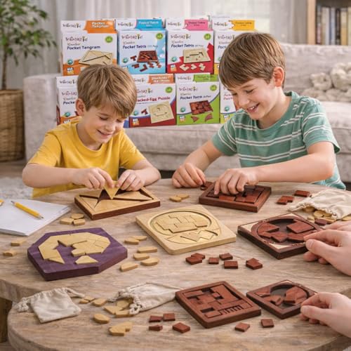 Image of Braintastic All Ages Wooden Puzzle Portable Pack of 16(2x8 DIY) for Birthday Return Gifts Party Pack, Travel Board Game, Return Favors with Travel Pouch for All Age Group