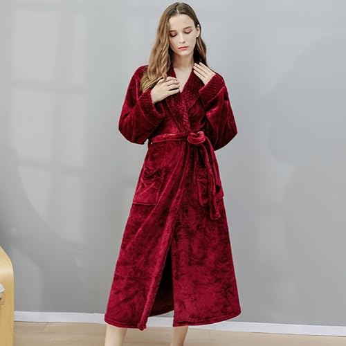 Dressing Gown Women Full Length Robe Plus Size Fleece Winter Warm Bathrobe, UK14-20(label XL), Wine Red - 7