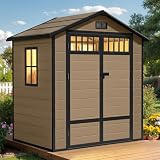 DWVO Outdoor Storage Shed, All-Weather Resin Plastic Storage Shed with Windows, Slanted Roof, Raised Floor, Capacity for Garden Tools/Equipment, Ideal for Backyard Garden