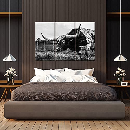 Canvbay 3 Panels Texas Longhorn Canvas Print Black And White Highland Cattle Cow Painting Rustic Wall Decor For Farmhouse Animal Picture Artwork Photo Print Framed Ready To Hang 16X32Inchx3Pcs #TOP4