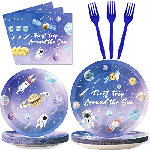 96 Pieces Outer Space Birthday Tableware Set 24 Guests for First trip Around the Sun Birthday Table Decorations Supplies 1st