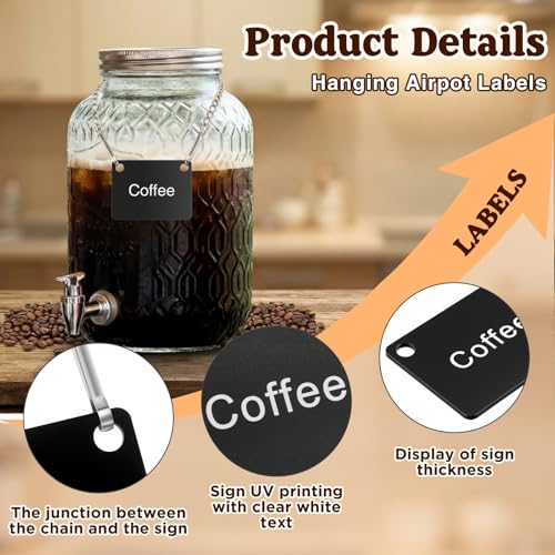 Otoolling 6 Pack Hanging Coffee Labels Airpot Labels Chain Signs, 2.36\" x 1.77\" Acrylic UV Printed with Chain for Restaurant Beverage Table Display, Coffee, Decaf, Hot Tea, Iced Tea, Hot Water, Blank - Thumbnail 3