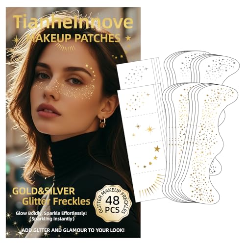 Glitter Freckles Face Tattoo, 48PCS Gold and Silver Temporary Tattoos,