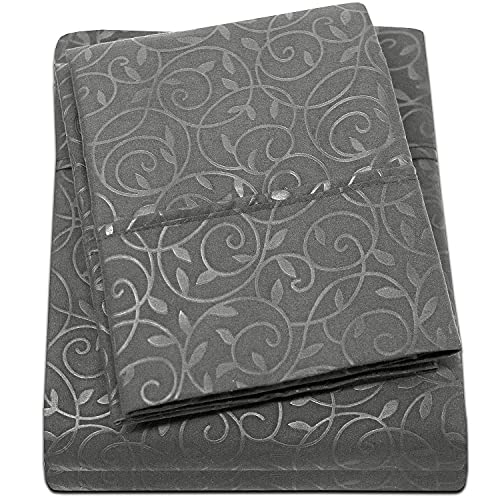 Plazatex Vine Print 90GSM Brushed Microfiber Soft Wrinkle Free Sheet Set Gray Queen