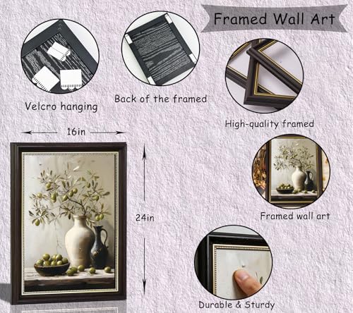 Vintage Dark Brown Framed Olive Branch Canvas Wall Art Rustic Still Life Wall Decor Terracotta Vase Olive Painting Picture Kitchen Botanical Print Artwork for Farmhouse Home Decoration 16x24in by LNXNUZT - Used condition - Image 2