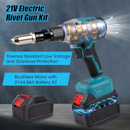 Sumumtor 21V Cordless Rivet Gun,Electric Rivet Gun with 2 X 4.0 Ah Battery & Charger,Brushless Pop Rivet Gun Tool,Rivet Tool Kit for 1/8