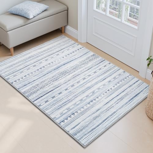 Small Area Rug-2x3 Entryway Rug Non Slip Washable Low Pile Indoor Door Mat Neutral Distressed Boho Moroccan Entrance Rugs Carpet for Bedroom Kitchen Powder Room Front Porch Bathroom, Blue