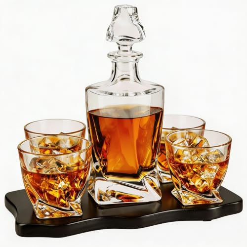 Ember Japanese Crystal Whisky Decanter Set with 4 Tumbler Glasses, Lead-Free Liquor Carafe & 10oz Rocks Glasses - Scotch Bourbon, Spirits & Wood Base Elegant Barware Gift for Men, Japan Design Gifts