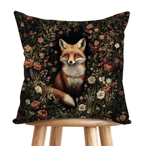 YOU FOUND ME William Morris Abstract Vintage Floral Fox Design Velvet Throw Pillow Covers Home Decor, Retro Art Decor Pillowcase Cushion Cover for Bed Sofa Living Room, Square 18x18inch (Orange-Fox2)