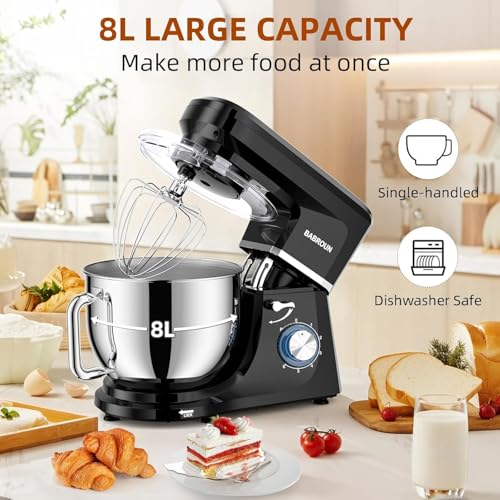 Babroun Dough Mixer 8.45 QT Electric Mixer - 660W 6 Speed Large Capacity Kitchen Stand Mixer with Whisk Dough Hook Mixing Beater Household Food Mixer for Baking Cakes Cookie Bread Salad(Black) - Image 5