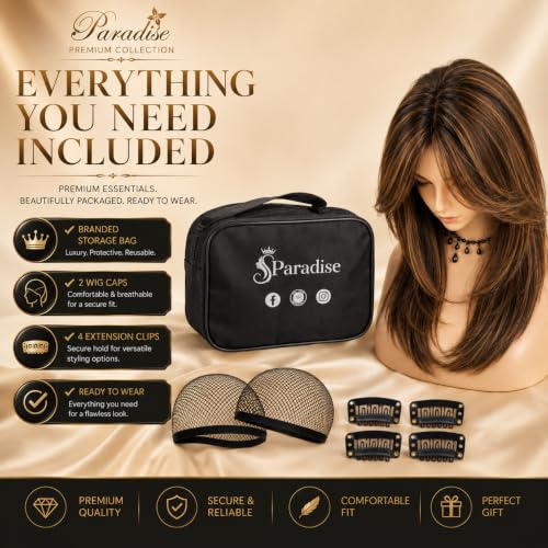 Image of Paradise Full Head Natural Hair Wig for Women Long Highlights 28'' Brown With Highlights Free Size With Adjustable Strap Includes 2 Wig Cap, 4 Wig Clips & 1 Carry Pouch