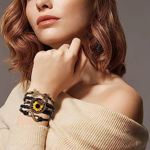 Image of Boho Sunflower Gifts Sunflower Leather Bohemian Bracelet Birthday Gifts for Women Teens Granddaughter Wife Daughter Mom Friendship Bracelets for Her