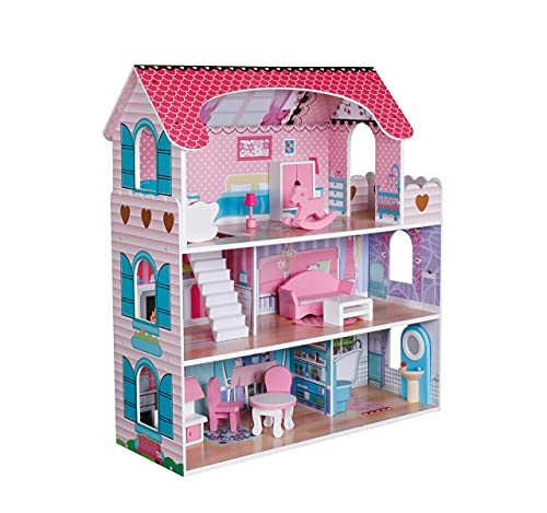 Pidoko Kids Wooden Dollhouse - Includes 12 Pcs Furniture Accessories