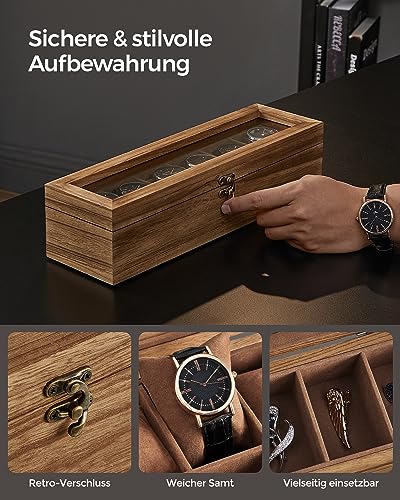 SONGMICS Uhrenbox mit 6 Fächern, Uhrenkasten aus Massivholz, mit Glasdeckel, Uhrenkissen, Geschenk für Ihre Liebsten, walnussfarben JOW006K01