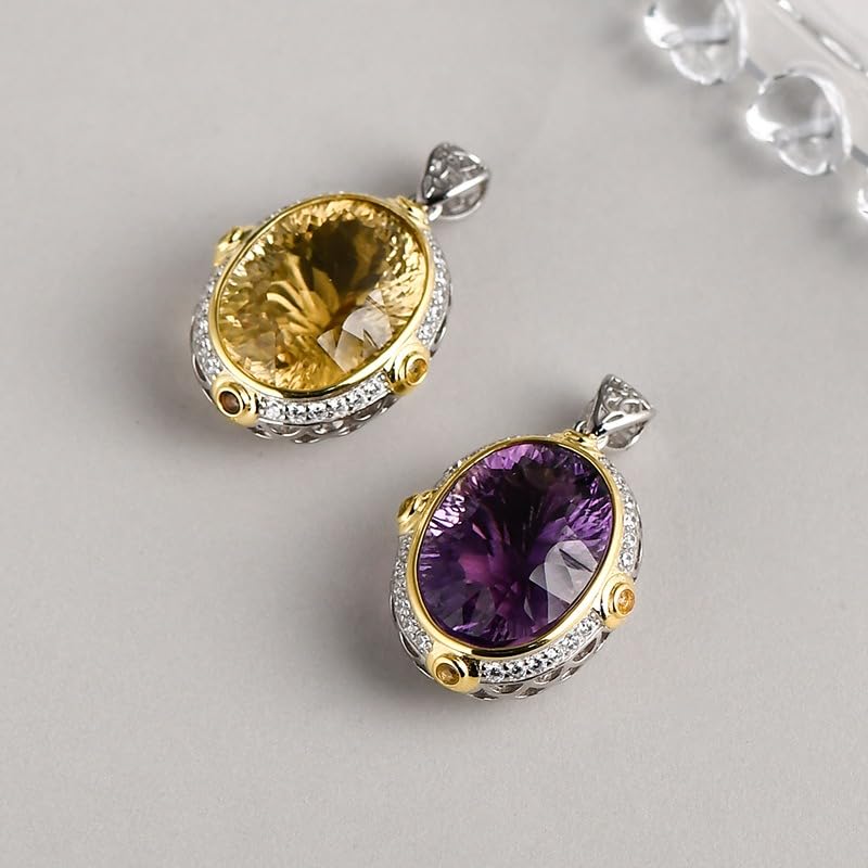 15 * 20mm Oval Amethyst or Citrine Pendant Necklace - Unique Avant-Garde Design, S925 Sterling Silver with 18K Gold Plated Amethyst Pendant, 17.7-19.68 inch Adjustable Delicate Collarbone Chain.4