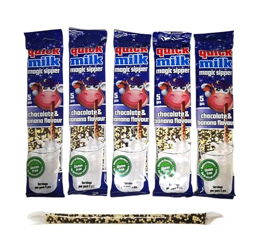 Quick Milk Chocolate&Banan - Strohhalme für Milch mit Schokolade und Bananengeschmack, 5 Packung je 5 Trinkhalme (25 Halme)