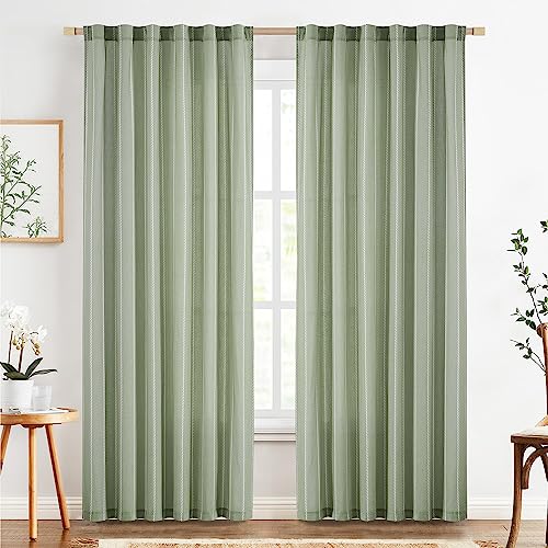 TOPICK Juego de 2 cortinas de 225 x 140 cm (alto x ancho cm) en verde para salón, dormitorio, cocina, lino, a rayas, cortinas con cordón, estilo rústico, modernas, semitransparentes