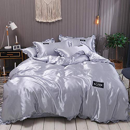 Genérico Funda Nórdica De Plumas, Juego De Cama De Seda, Tejido Satinado Resistente A La Decoloración, Sábana Tamaño Queen De 220 X 240, Lujoso Encaje De Satén Puro (Light Grey)