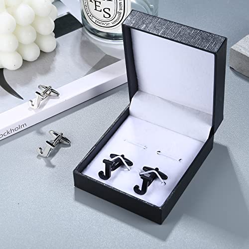 Ubgicig 2 Pairs Cufflinks For Men Personalized Initial Cufflinks Silver Tone Black Alphabet Cuff (J) #TOP6