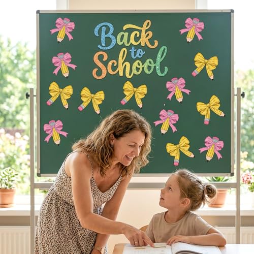 Image of Back to School Cutouts - 100Pcs Pencil Bow Glitter Paper Cut-Out with Glue Points Bulk Bow Cut-Outs for First Day of School Bulletin Board Classroom Party DIY Craft Supplies Chalkboard Door Wall Decor