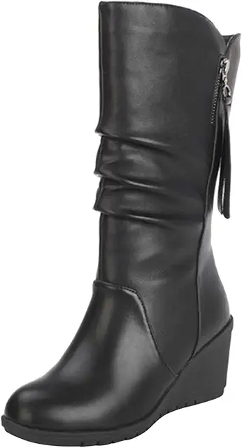Bottines compensées en cuir artificiel pour femmes - Bottes mi-mollet à fermeture éclair