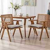 ZHENGHAO Mid Century Modern Dining Chairs, Accent Rattan Armchair with Cane Back Upholstered Linen K