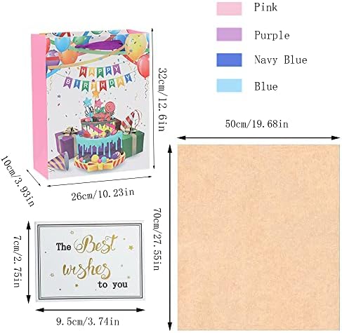 4 Gift Bag Large, Birthday Gift Wrap Bag, Paper Gift Bag, Papergift Bag with Free 8 Tissue for Women Men Kids Boy Girl Present Bag (Pink, Light Blue, Dark Blue, Purple)