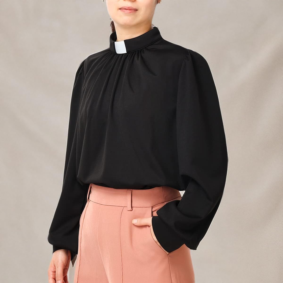 Church Clergy Shirt for Women Minister Spring/Autumn Lantern Long Sleeve Front Pleated Blouse with Tab Collar - Image 9