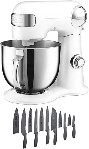 Cuisinart SM-50 Precision Master - Batidora de pie de 5.5 cuartos de galón, paquete de lino blanco con Cuisinart juego de cubiertos recubiertos de