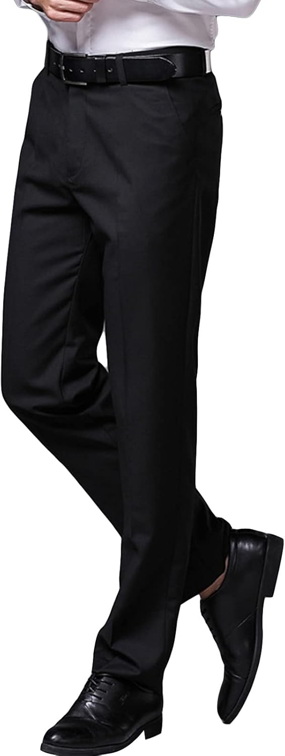 Men's Slim Straight Solid Color Formal Trousers Pleat-Front Dress Wedding Pant Classic Fit Banquet Stretch Pants
