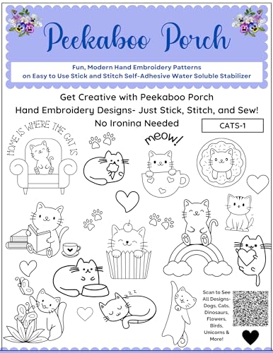 Image of Cat Embroidery Patterns Kit - 24 Pc Fun Modern Peekaboo Porch Embroidery Design Transfers on Sulky Stick n Stitch Self Adhesive Wash Away Stabilizer for Beginners and Adults Hand Embroidery Sewing
