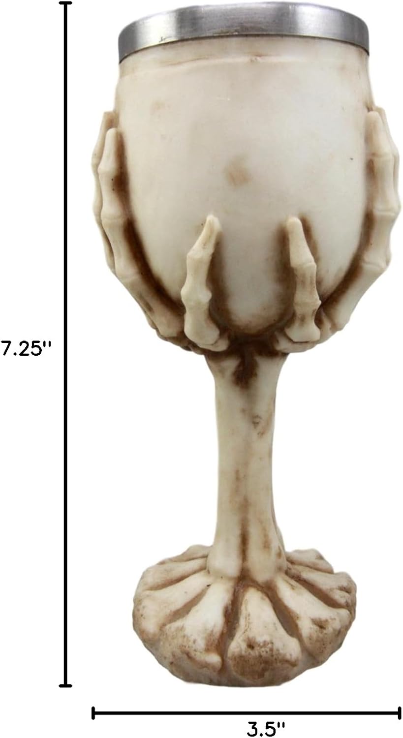 Ebros Gift Ossuary Skeleton Grasping Claw Hand Uplifting Skull Cranium Wine Goblet Chalice Cup 6oz Beverage Serveware Drinkware Halloween Macabre Figurine