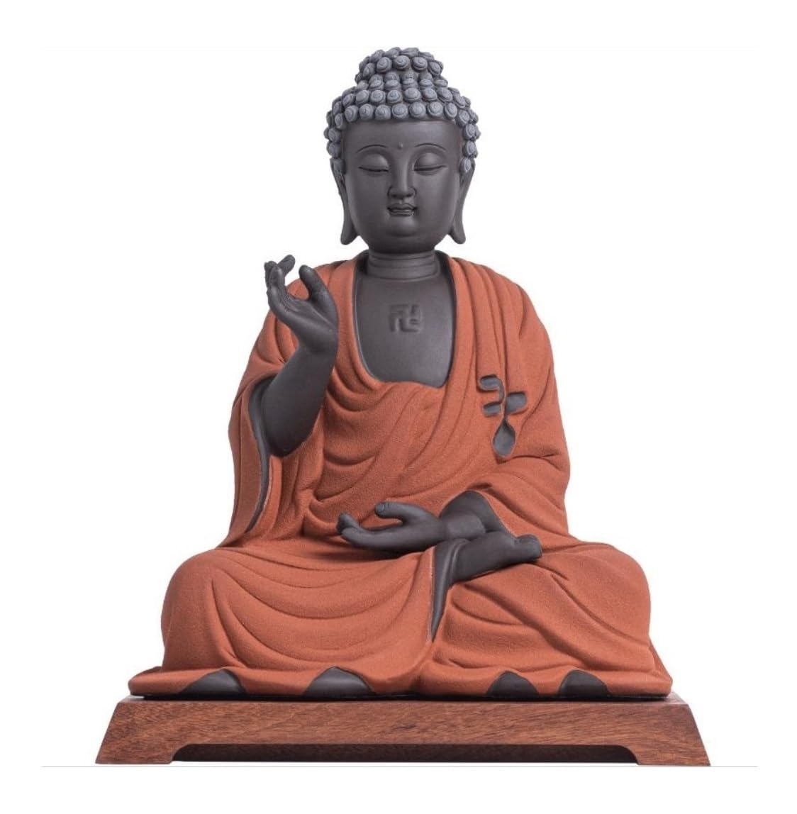 Estatuilla Buda Estatua De Buda Cerámica 11,8 Pulgadas con Base Madera, Estatuilla Estilo Japonés Vintag Sentado para Decoración Hogar Y Oficina Estatuas Decorativas