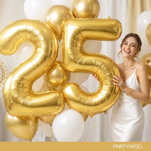 Image of PartyWoo Metallic Gold Number 5 Balloon 40 Inch 25pcs Gold Foil Star White