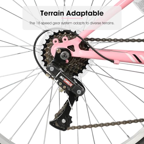 HILAND Bamcbase Womens Mountain Bike, 24 Inch 18 Speeds Hybrid Commuter Bicycle for Adults, Sport Hardtail Trail MTB Pink