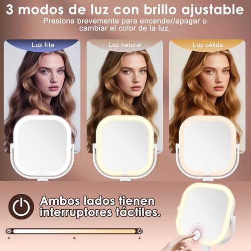 Vankarr Espejo Maquillaje con Luz, 10X/1X Aumento Doble Cara Espejo con Luz Recargable USB, Base Soporte para Móvil Portátil, 360 Giratorio 3 Colores Brillo Regulable - imagen 3