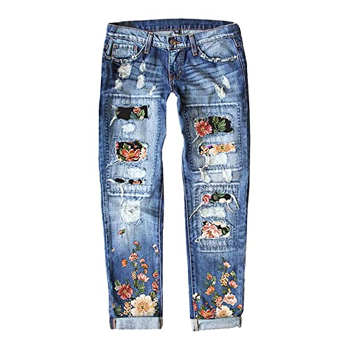 Boyfriend Jeans for Women Mid-Waist Distressed Ripped Hole Patch Flower Print Straight Denim Pants