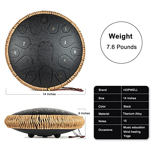 Image of Steel Tongue Drum - HOPWELL 15 Note 14 Inch Tongue Drum - Hang Drum Instrument - Hand Pan Drums with Music Book, Steel Handpan Drum Mallets and Carry Bag, D Major (Black)