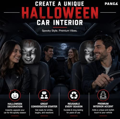 Image of PANCA Ghost Face Car Headrest Covers 2 Pack, Stretch Fit Halloween Decor