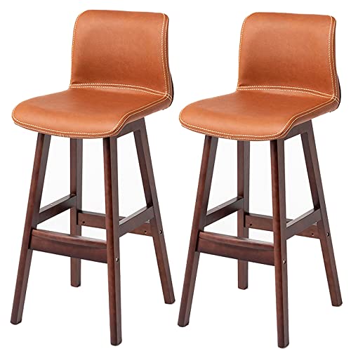 Taburetes de bar color marrón claro, taburetes tapizados de piel sintética con respaldo bajo y reposapiés, juego de 2 sillas clásicas de cocina y bar de 24.4 pulgadas de alto